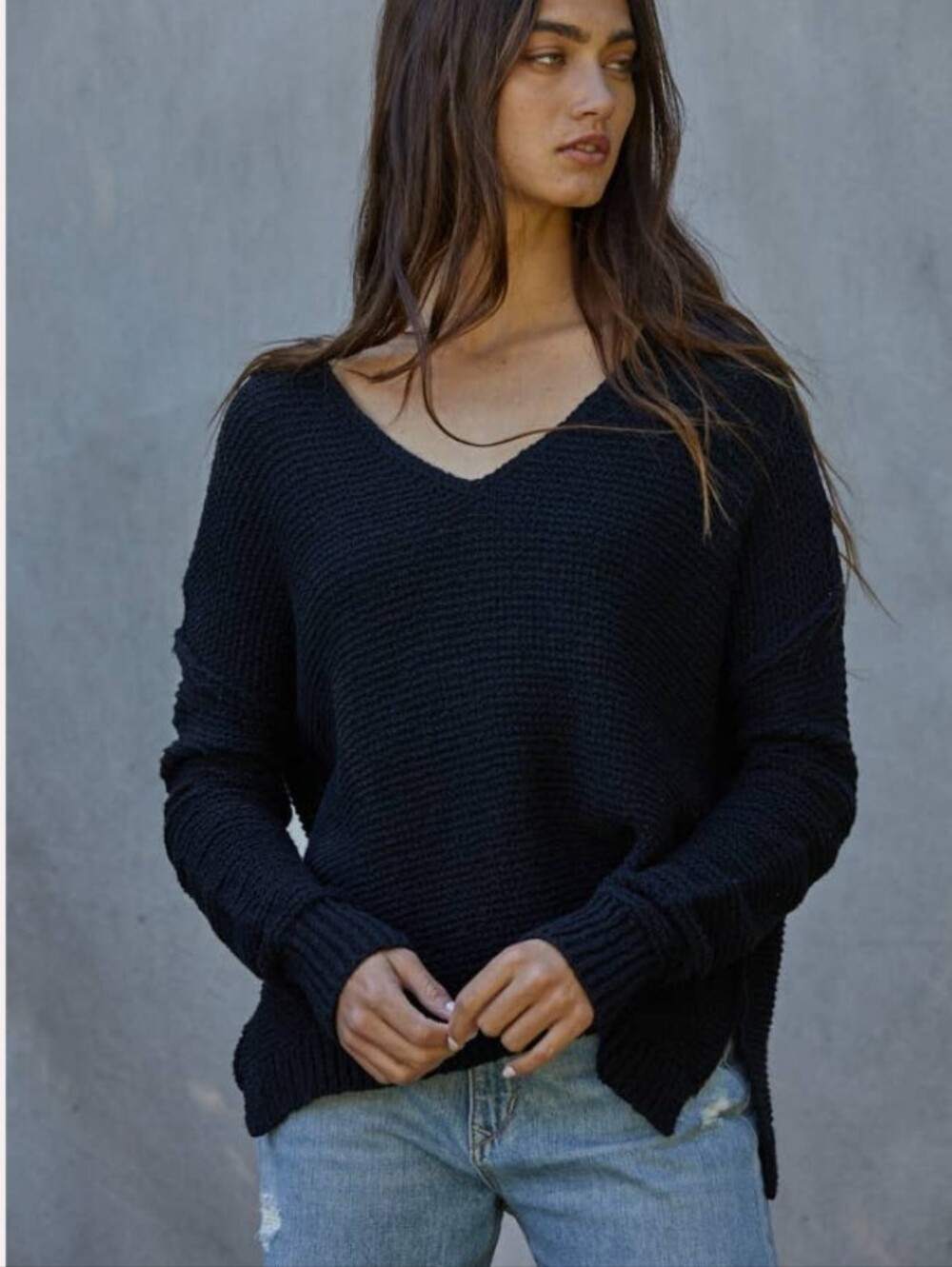NWT By Together Book Weather Sweater Black Knit Casual V-Neck Pullover Sz L
